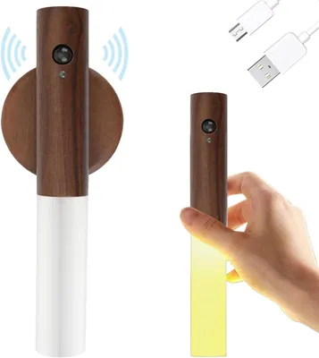 Productafbeelding van Houten wandlamp met bewegingssensor - Oplaadbaar en draadloos nachtlampje voor slaapkamer en kinderkamer