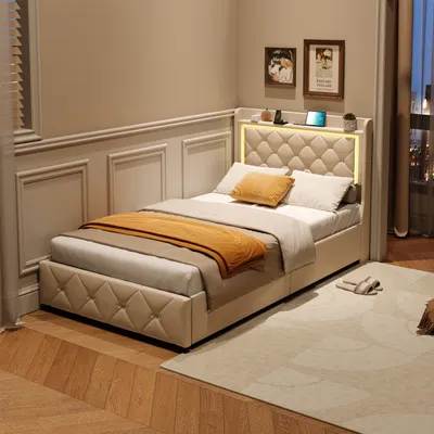 Produktbild von UnboxG Polsterbett 90x200cm mit Schublade, Samtstoff Beige, LED-Licht & USB/Type-C-Anschluss – Stauraumbett