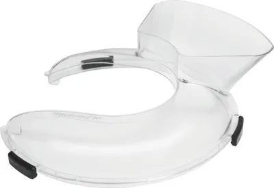 A clear plastic splash guard for a KitchenAid stand mixer.