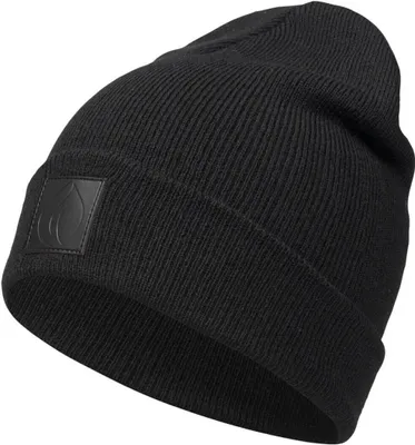 A black beanie with a leather patch logo on the front.