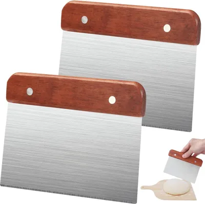Produktbild von 2 Stück Teigschaber Edelstahl, Teigschaber mit Holzgriff, 15 cm multifunktionale Teigkarte Edelstahl Schaber Küchen Teigschneider Edelstahl Küchenspatel für Kuchen, Pizza