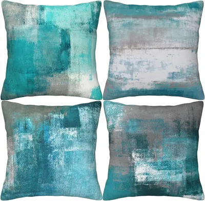 Productafbeelding van Blauwgroen kussenslopen 45,5 x 45 cm set van 4 turquoise kussenslopen abstracte moderne decoratieve kussenslopen voor bank, woonkamer
