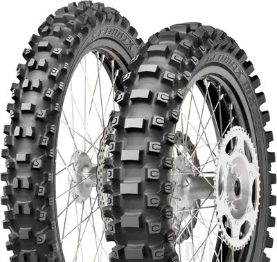 Two motorcycle tires are shown against a white background.