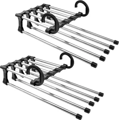 Produktbild von Hosenbügel Platzsparend Mehrfach, 2 Stück Hosen Kleiderbügel aus Edelstahl Ausziehbar, Faltbare Multi Bügel, Magic Hanger Organizer Schrank kleiderbügelhalter,schwarz