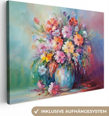 Produktbild von MuchoWow® - Leinwandbilder - Blumen - Kunst - Malerei - Frühling - Blumenstrauß, Wandbild, Wanddeko Bilder Wohnzimmer, 80x60cm