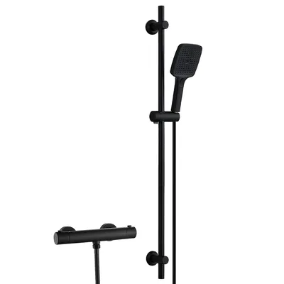 Produktbild von JOHO  Edelstahl Duschsystem mit Duscharmatur, Brausestange Set mit Thermostat, Duschkopf mit 3 Strahlarten, Schlauch, Duschstange 100 cm, Schwarz