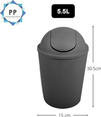 A gray trash can with a flip-top lid is shown against a white background, with dimensions indicated.