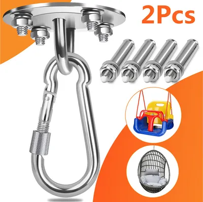 A product image showing a ceiling hook and carabiner, along with examples of items that can be hung from it, like a child's swing and a hanging chair.