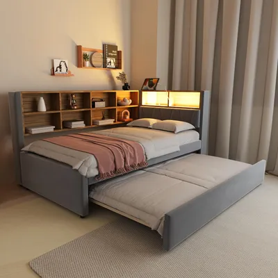 Obrázok produktu pre Polohovacia sedačka s LED osvetlením a výsuvnou posteľou 90x200 cm, tmavosivá, flanelová, s USB a Type-C portom, s veľkým úložným priestorom, nosnosť 150 kg