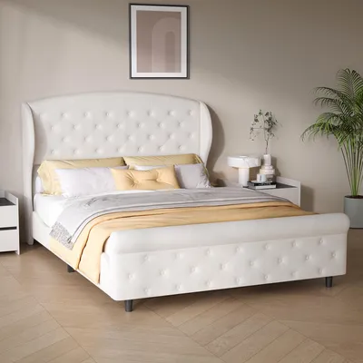 Produktbild von Bett 140x200cm Schlittensofa Bett Samt Weiß Knopfdesign Europäischer Stil