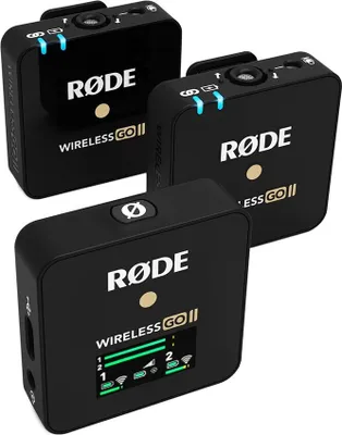 Three black Rode Wireless GO II microphone transmitters are arranged in a group against a white background.