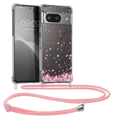 Produktbild von kwmobile Necklace Case kompatibel mit Google Pixel 8 Hülle - Silikon Cover mit Handykette - Rosa Dunkelbraun Transparent Kirschblütenblätter