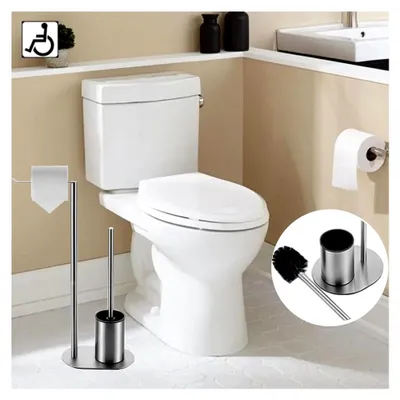 Produktbild von WC Garnitur aus gebürstetem Nickel, Stehender Toilettenpapierhalter mit Klobürste, Freistehender Klopapierhalter aus Edelstahl für das Badezimmer