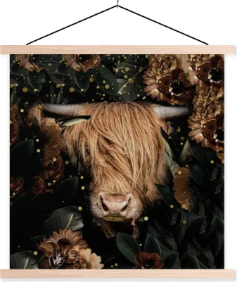 Produktbild von MuchoWow® Textilposter Schottisches Hochlandrind - Tiere - Blumen - Licht 120x120 cm mit holzfarbenen Rahmen - Textil-Poster