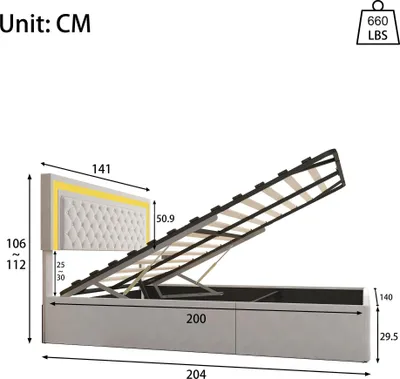 Obrázok produktu pre Postel s čalúnením 140x200 cm - Manželská posteľ s úložným priestorom - Hydraulický zdvih - LED pásik - Zamatový poťah - Čalúnená opierka hlavy - Bez matraca - Béžová