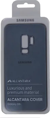 The image shows the packaging of a Samsung Alcantara cover for a Galaxy S9+.