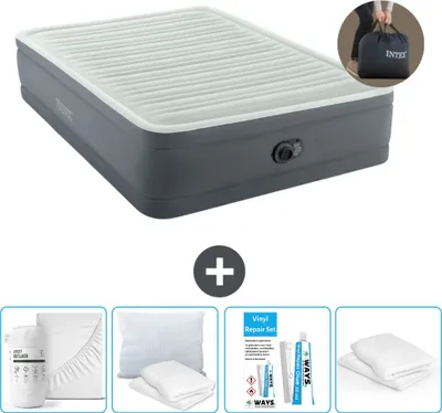 Produktbild von Intex Luftbett - 2 Personen - 152 x 203 x 46 cm - Grau - Inklusive Pumpe - Spannbettuch - Küssen - Reperaturset en Kissenschutz