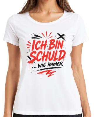 Obrázok produktu pre Tričko s nápisom "Ich Bin Schuld wie immer" (Ja som vinník, ako vždy), s ironickým podtónom, biela farba, veľkosť XL