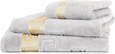 Produktbild von 3tlg. Luxus Medusa Saunatuch Badetuch Handtuch Set - Silber / Hell Grau - Frottee - Goldene Bordüre