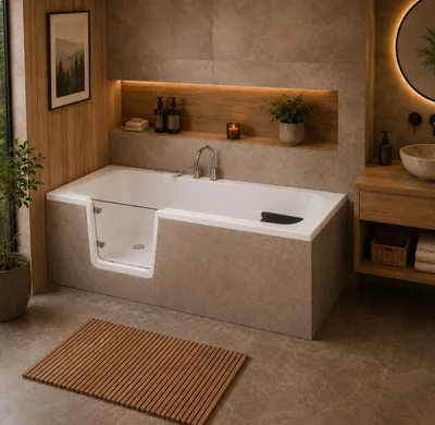 Produktbild von AQUA for you | Badewanne - VOVO – Seniorenbadewanne mit Tür – 180 x 80 x 58 cm - universell - Weiß - mit Tür, Sitz, Montagegestell, , Einbaubadewanne