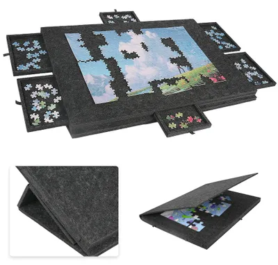 Immagine prodotto di Tavolo portatile per puzzle - Tappetino per puzzle in feltro di poliestere - Antiscivolo - 6 cassetti per la selezione dei pezzi - Riutilizzabile - Leggero - Grigio