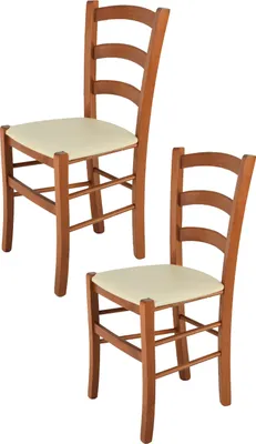 Produktbild von t m c s Tommychairs - 2er Set Stühle VENICE für Küche und Esszimmer, robuste Struktur aus lackiertem Buchenholz im Farbton Kirschholz und gepolsterte Sitzfläche mit KUNSTLEDER in der Farbe Elfenbein bezogen