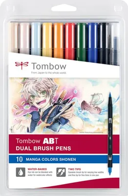Produktbild von Tombow ABT-10C-MANGA1, Fein / Mittel, 10 Farben, Schwarz, Blau, Grün, Grau, Orange, Pink, Gelb, Rundspitze & Bürstenspitze, Mehrfarbig, Rund