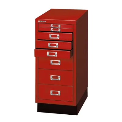 Produktbild von Büro-Schubladenschrank, BxTxH 279x380x670 mm, 8 Schubladen 2x25, 3x51, 3x102 mm, DIN A4, Sockel 80 mm hoch, kardinalrot