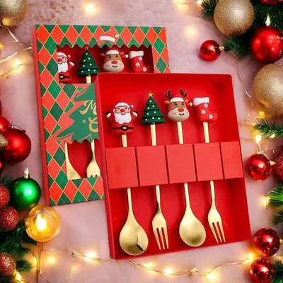 Produktbild von Geschenkset Dessertbesteck mit Weihnachtsfiguren - 4er Set