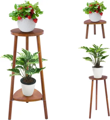 Productafbeelding van Houten Set, 2-laags omkeerbaar plantenrek, plantenrek bloemenrek bloemenkruk nachtkastje bijzettafel, voor balkon tuin woonkamer decoratie