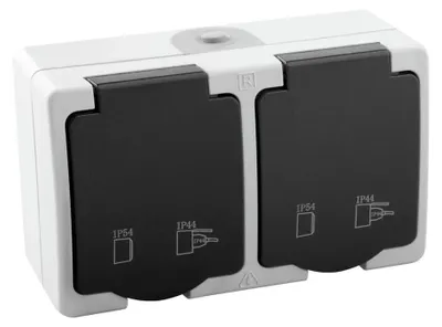 Zdjęcie produktu dla Gniazdo podwójne, montowane na powierzchni, IP54, białe/szare, jedno rozmiar / wtyczka europejska, 220V, białe/szare, jedno rozmiar