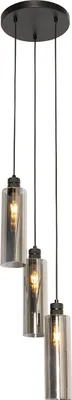 A modern pendant light with three smoked glass shades hanging from a black circular base.