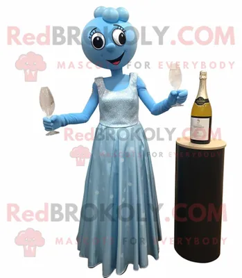 Image de Costume de mascotte REDBROKOLY Champagne bleu ciel habillé d'une robe taille empire et de boucles d'oreilles