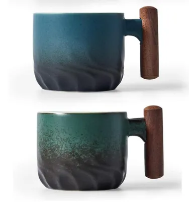 Immagine prodotto di Tazze da espresso in Vetroceramica con manico in legno, set da 2, colore blu/verde, capacità 80 ml