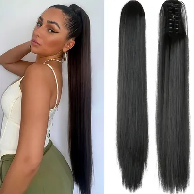 Produktbild von Pferdeschwanz Extensions Schwarz – Clip-In Hairextensions – Brasilianische Ponytail Verlängerung – Haarteil – 60 cm