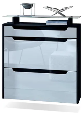Produktbild von Schuhschrank Annie, Schuhkipper für 16 Paar Schuhe mit 2 Klappen, 1 Schublade und Glasablage, Schwarz matt/Weiß Hochglanz/Schwarz Hochglanz (89 x 96 x 23 cm)