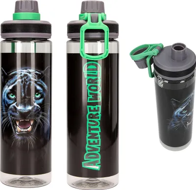 Produktbild von Depesche 13931 Adventure World Panther - Transparente Trinkflasche in Schwarz-Grün, mit Panther Aufdruck, Trinkverschluss und Griff, Fassungsvermögen ca. 700 ml