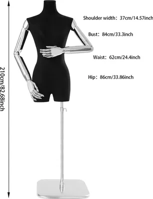 Produktbild von Schaufensterpuppe Frau - Torso Oberkörper - Höhenverstellbar 120–210 cm - Kleidung Präsentation Geschäft - Kunststoff - Schwarzer Körper silberne Hände silberner Standfuß