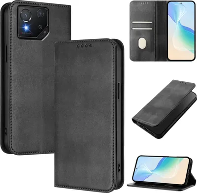 Obrázek produktu pro Pouzdro pro Asus ROG Phone 8 / 8 Pro, vintage kožené pouzdro s RFID ochranou, přihrádkami na karty, stojánkem Černý