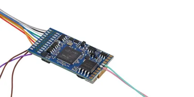 A close-up shot of a blue circuit board with multiple colored wires attached, against a white background.