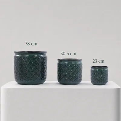 Produktbild von Keramik-Pflanztopf-Set 3-teilig, geometrische Muster, atmungsaktiv, Innen/Außen (Dark Green)