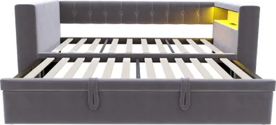 Produktbild von Abrihome Tagesbett Polsterbett 90 × 190 cm mit Ausziehbett und Stauraum, Schlafsofa mit LED und Lattenrost, Dunkelgrau