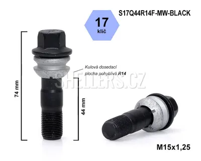 Obrázek produktu pro Kolový šroub M15x1,25x44 kulový R14, pohyblivá plocha, klíč 17, S17Q44R14F-MW-BLACK, černý, výška 74 mm