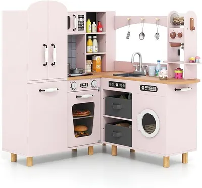 Produktbild von Kinderküche, Eck-Spielküche inkl. 12 Zubehör & Stoffkörben, Holzküche mit Doppeltür-Kühlschrank, Kaffeemaschine & Waschmaschine, Spielzeugküche mit Licht & Sound für Kinder ab 3 Jahren (Rosa)