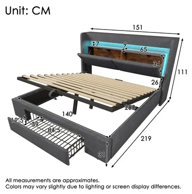 Image de Lit rembourré 140 x 200 cm avec coffre de rangement à ouverture hydraulique, tête de lit avec compartiment, LED, USB, USB-C, lin, gris