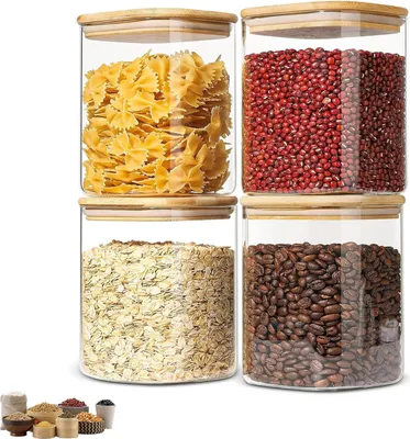 Produktbild von 4 Stück Vorratsdosen Glas mit Bambusdeckel, 750ml Glasdosen Eckig, Versiegelte Frischhaltedosen Küche Vorratsgläser, für Lange Lebensmittelfrische, Mehl Zucker Spaghetti Kaffee Tee