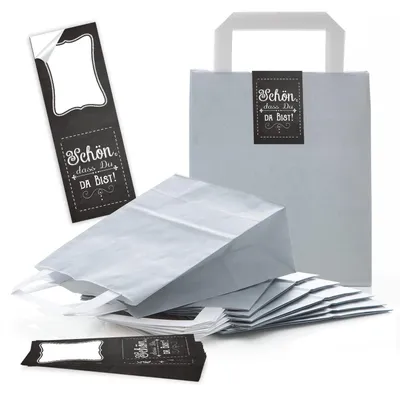 Produktbild von 10 kleine graue Geschenktüte Papiertüte Geschenk-Beutel 18 x 8 x 22 cm + 10 Aufkleber Sticker DANKE rot grau HERZEN - Geschenktüten give-aways Kunden-Geschenke Verpackung Tüte"Schön, dass du da bist" schwarz, weiß / 25 Stück