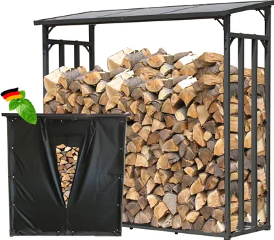 Produktbild von Metall Kaminholzregal Anthrazit XXL 185 x 70 x 185 cm Garten Kaminholzunterstand 2,3 m³ Stapelhilfe Aussen mit Wetterschutz Schwarz