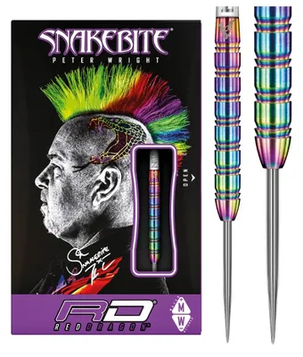 A product package for Red Dragon Peter Wright Snakebite darts, featuring a portrait of Peter Wright with his distinctive mohawk hairstyle and a pair of darts.
