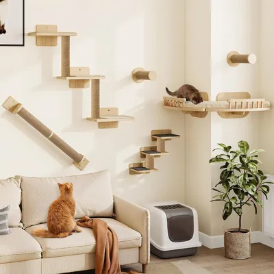 Produktbild von 7 tlg. Katzen Kletterwand Set, Wandkratzbaum Katzenplattform  Katzenbett, Katzenmöbel für Wandmontage